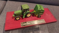 Vintage Die Cast John Deere Tractor and Hay Baler Set Mounted On Wooden Plinth 