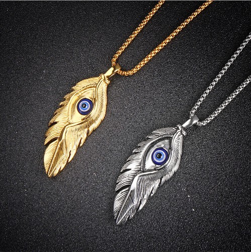 Blue Evil Eye Bird Feather Pendant Necklace for Men Women - Picture 1 of 21