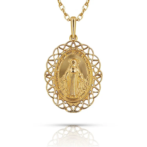 14K Yellow & White Gold Miraculous Medal Virgin Mary Pendant For Women - Picture 1 of 1