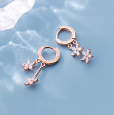 Rose Gold Plated STERLING SILVER DANGLE FLOWER Flora CZ HOOP Huggie EARRINGS D26