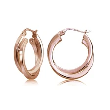 Rose Gold Flash Silver Square-Tube Double Twisted 15mm Round Hoop Earrings
