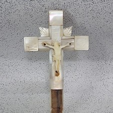 Antique Original Jerusalem wood mosaic mother of pearl Cross Crucifix Damaged