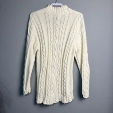 Lands End Fisherman Cozy Cream Cable Knit Mock Neck Cotton Sweater Tunic XL