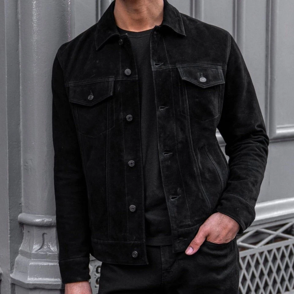Leather Trucker Jacket for Men Black Pure Suede Custom Made Size S M L XXL 3XL