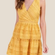 Francesca's Mi ami Yellow Crochet Boho Tiered Spring Dress M