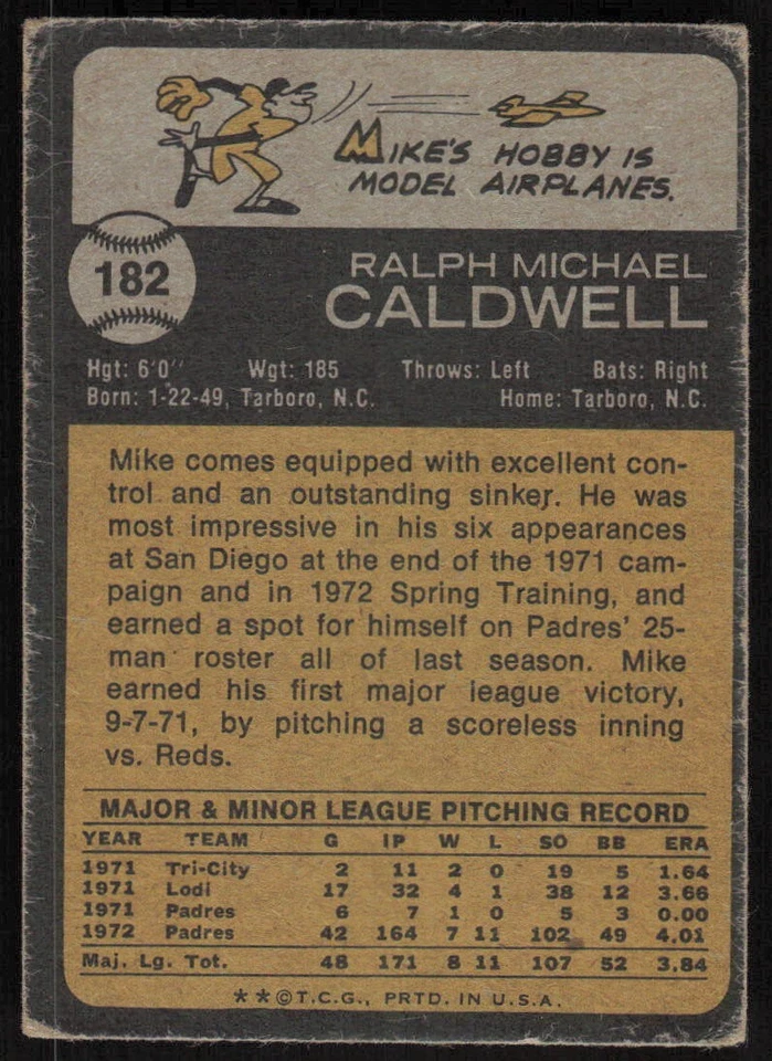 1973 Topps #182 Mike Caldwell RC - $1 SHIPPING - Image 2 of 2