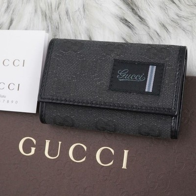Unused Level GUCCI Key Case Tri Fold GG Pattern Leather Black