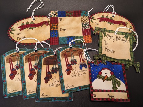 Lot of 9 Handmade Fabric & Paper Holiday Gift Tags