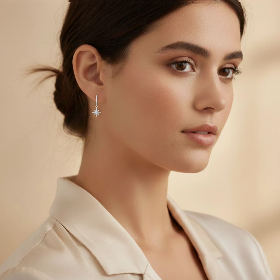 925 Sterling Silver Star & Crescent Pave Charm Dangle Drop Huggie Hoop Earrings - Image 3 of 4