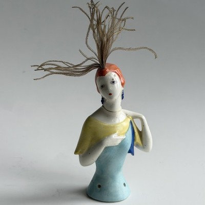 Vintage Antique Porcelain Half Doll Pin Cushion Topper Germany 3.75  *REPAIRED