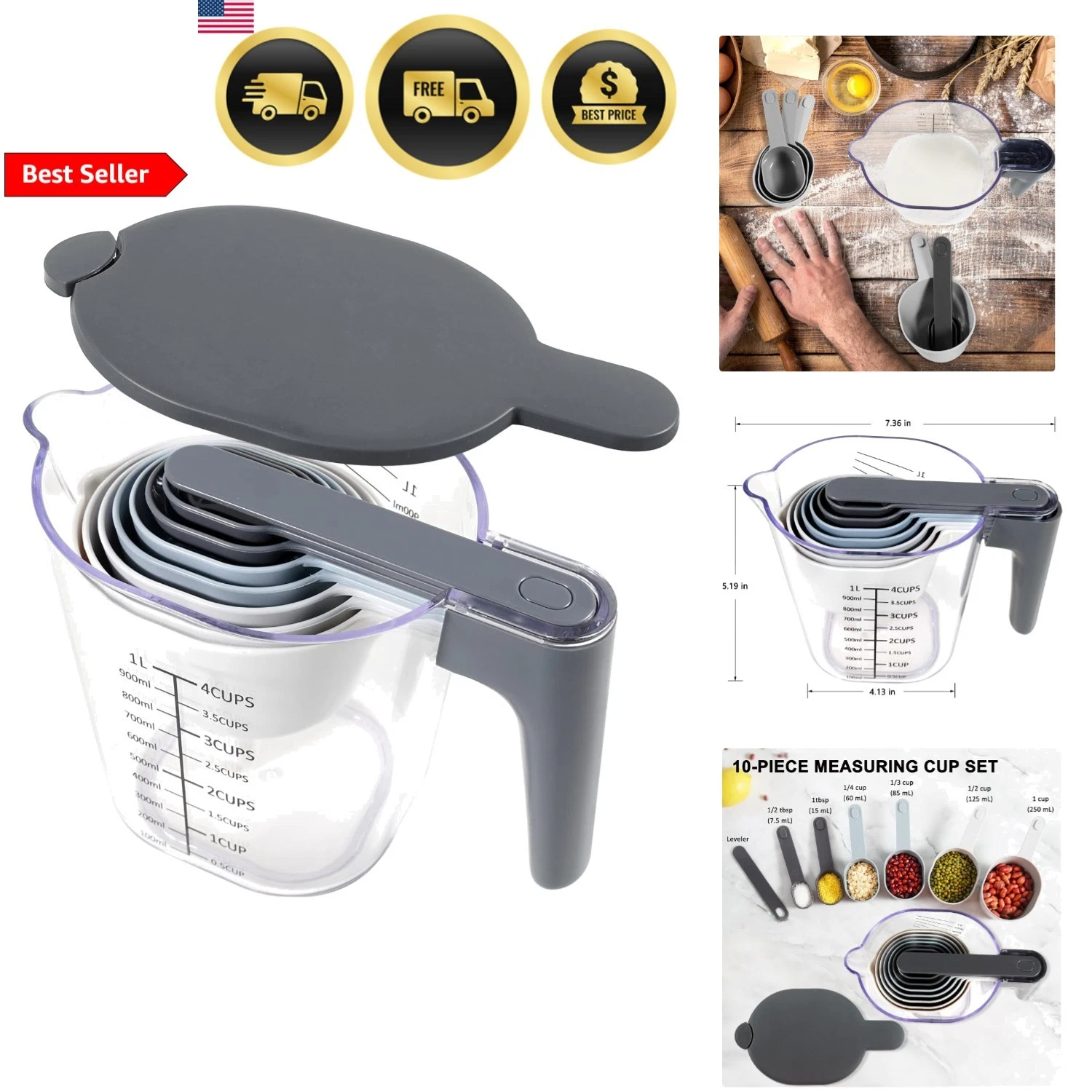 Measuring Cups and Spoons Set 10 Pieces Kitchen Baking Cooking Liquid Dry
Opens in a new window or t