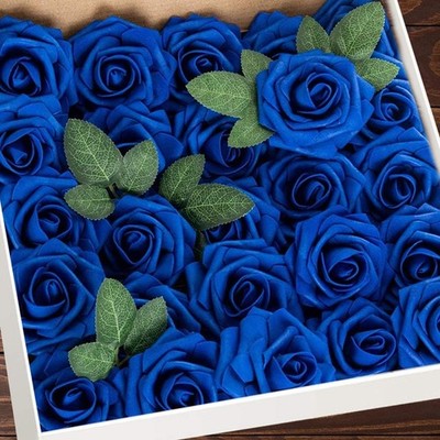 Higfra Artificial Flowers 25pcs Real Look Royal Blue Foam Fake Roses w/stems B24
