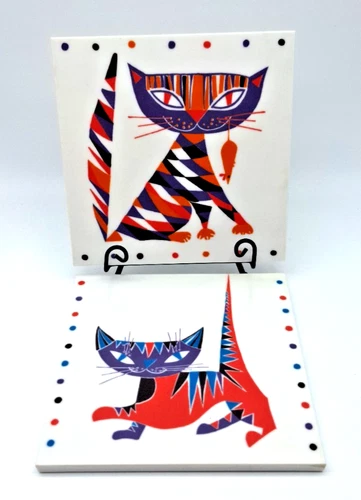 Vintage MCM Balo Ornamin Sweden Colorful Melamine Stylized Cat Trivets 64131 HTF - product listing photo