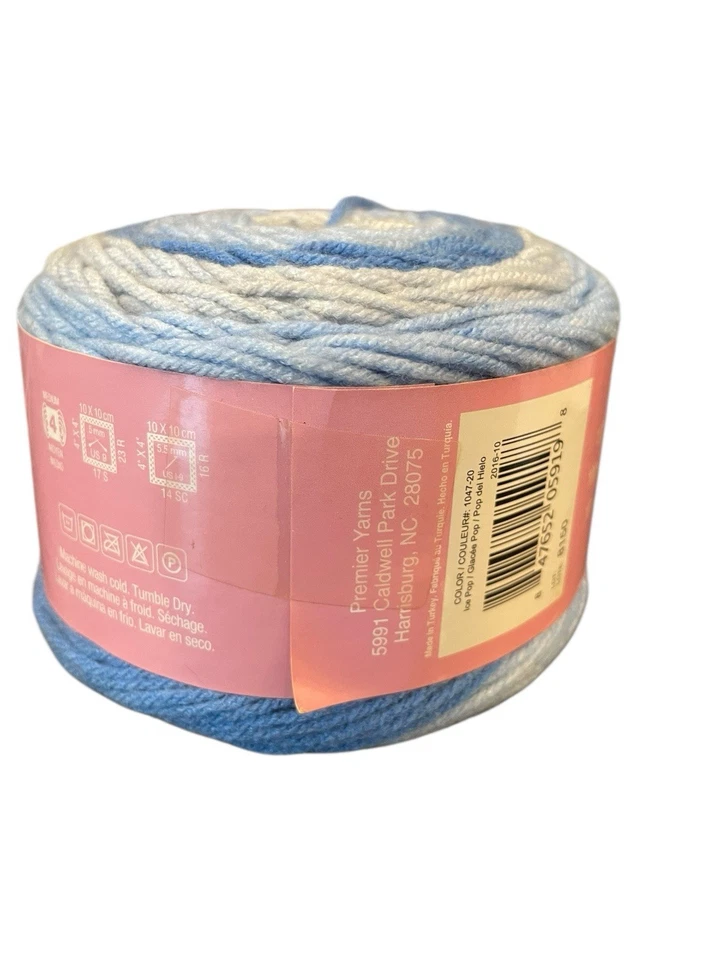 Premier Yarns Sweet Roll Yarn Cake ICE Pop 1047-20 5 oz 245 Yards NEW Blue White - Image 4 of 4