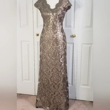 Tadashi Shoji - Matte Sequin Paillette Lace Cap Sleeves Smokey Gold Gown