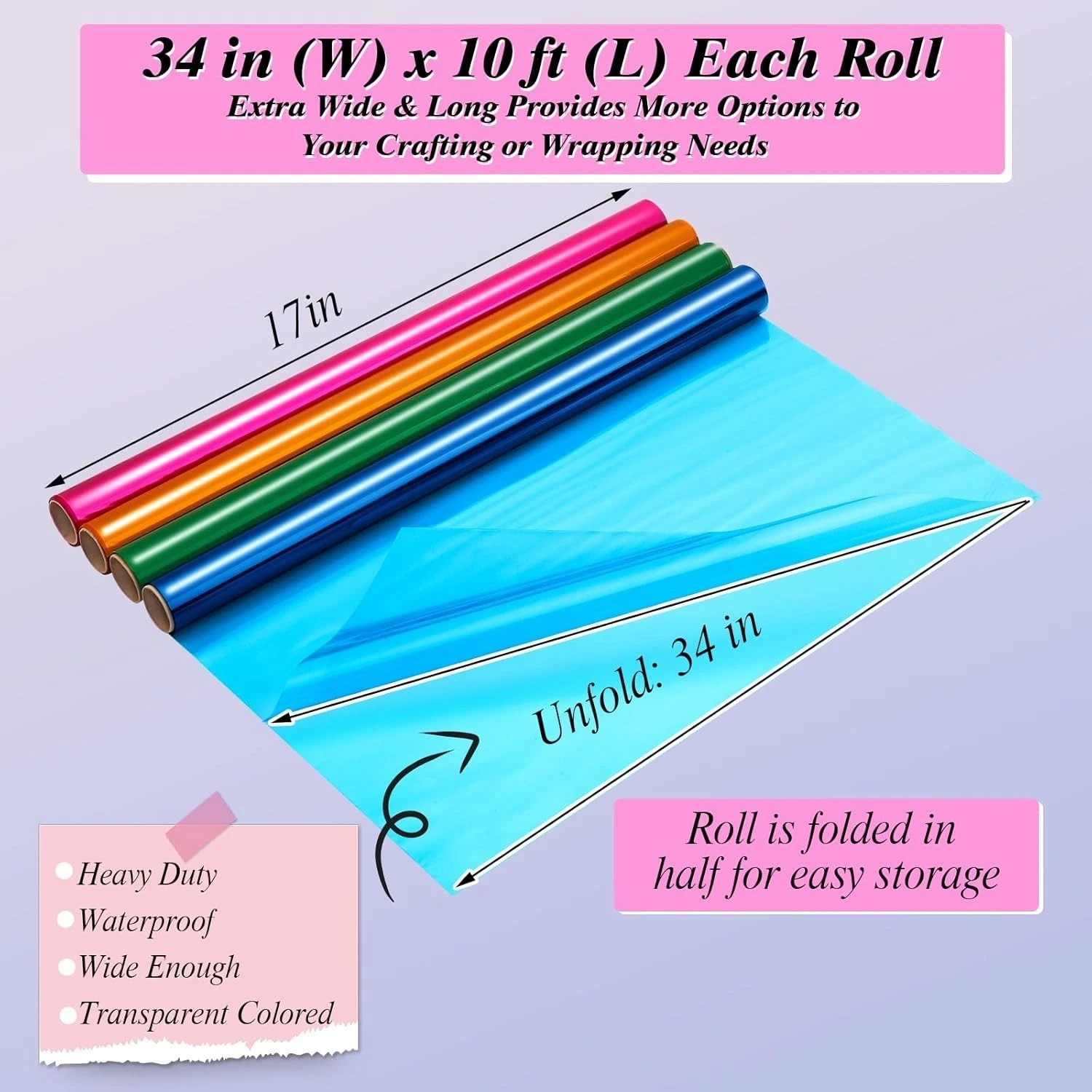8 Rolls Colored Cellophane Wrap Extra Wide (34In X 10Ft) Transparent Cellophane image 6