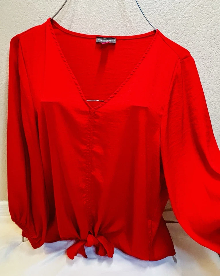 Vince Camuto Long Sleeve V-Neck Red Blouse With Tie Front And Smocked Cuffs Sz M - Image 2 of 4