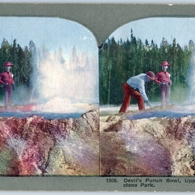 #ad c1900s Yellowstone Upper Geyser Basin Devil#x27;s Punch Litho Photo Stereo Card V7 $7.53