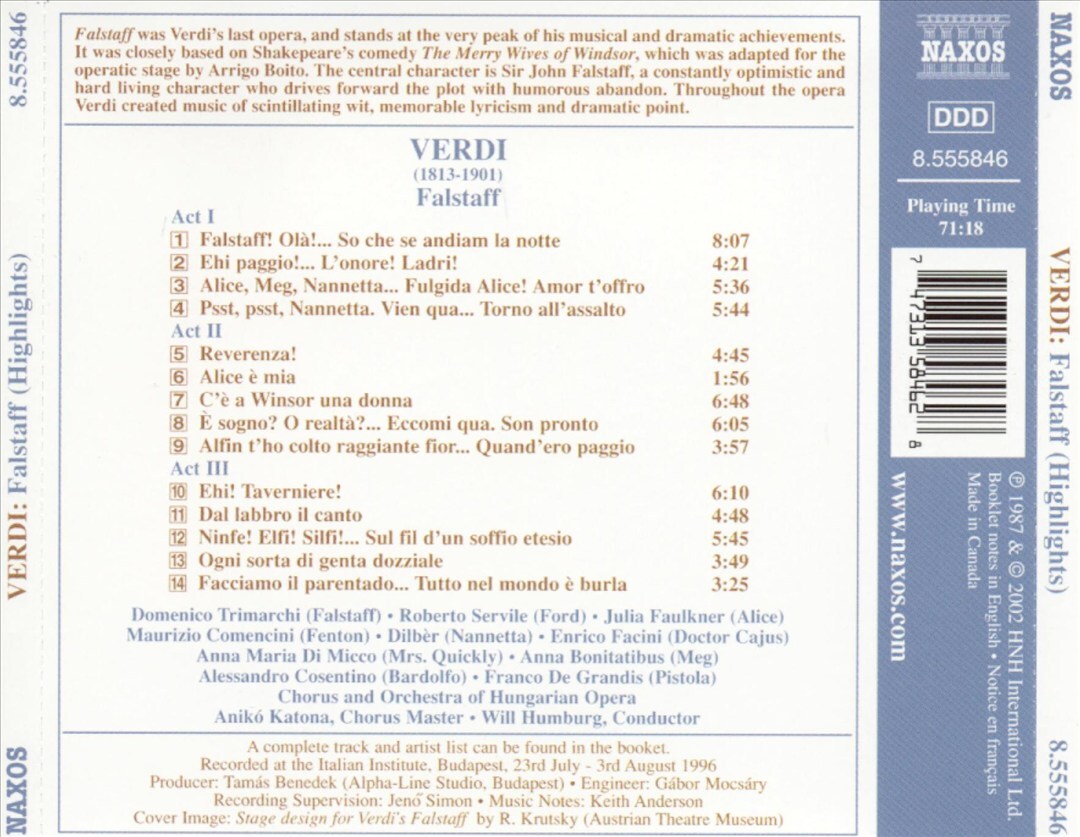 WILL HUMBURG VERDI: FALSTAFF (HIGHLIGHTS) NEW CD