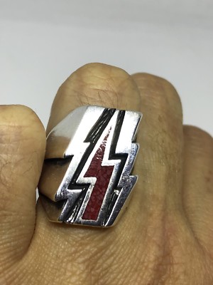 Vintage Silver Bronze Southwestern Red Coral Inlay Lightning Bolt Ring Size13.75