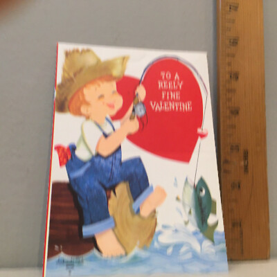Vtg Valentine Card Boy Fisherman Rod& Reel Overalls Strawhat ''REELY''  Hallmark 