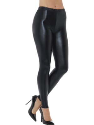 Ladies Metallic Shiny Leggings Fancy Dress Black Stretch Leggings