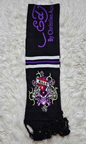 Ed Hardy Christian Audigier Scarf Skull Tattoo Love Kills Slowly Y2K Knit 70" - Picture 3 of 6