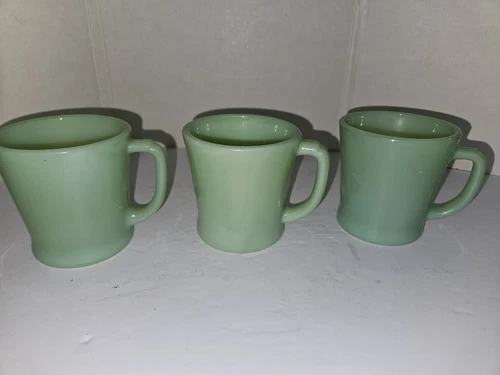 3 Vintage JADEITE FIRE KING Oven Ware D Handle COFFEE MUGS Or Cups
