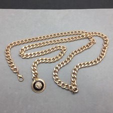 Gold Tone Chain Belt 46" Lion Head Black Enamel Fob w/ Clip Closure 12mm Wide