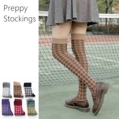 Houndstooth Thigh High Stockings Over Knee Cotton Socks Cute Lolita Preppy Retro