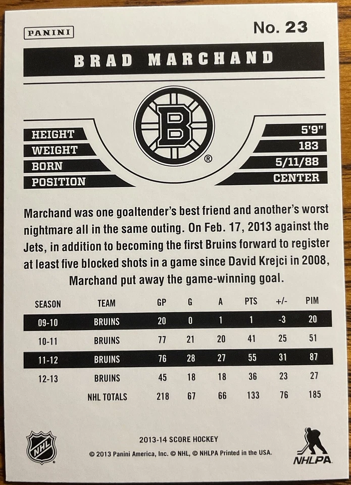 2013-14 Score Gold Brad Marchand #23 Boston Bruins - Image 2 of 2