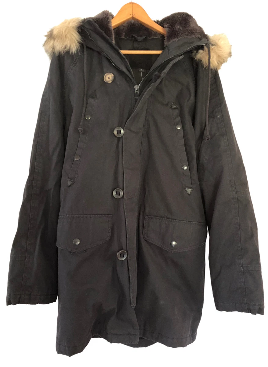 Old Navy Black Quilted Faux Fur Hood Zip Up Winter Cargo Parka Jacket M NEW