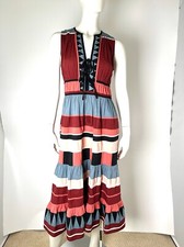 Ulla Johnson V Neck Midi Striped Cotton Blue Burgundy Sleeveless Dress 4