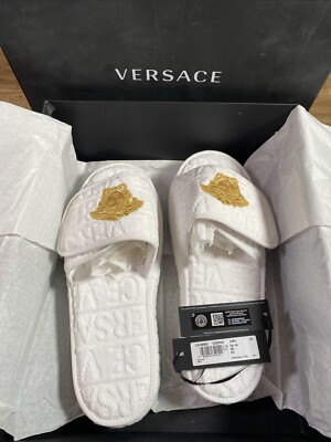 Versace Medusa Head Platform White Slippers Slides $475 Allover Logo IT 45/US 12