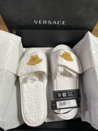 Versace Medusa Head Platform White Slippers Slides $475 Allover Logo IT 45/US 12