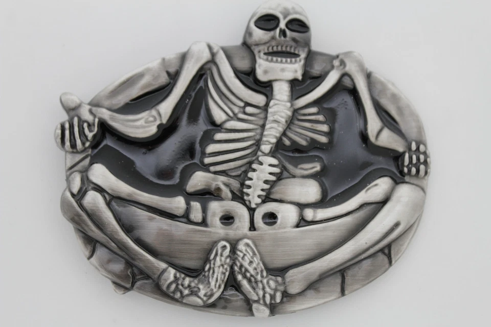 Uomo Donna Argento Cintura Fibbia Teschio Scheletro Big Yoga Ossa Body Halloween - Immagine 2 di 4