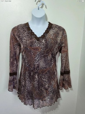 Bonmarche Brown Mesh Paisley Animal Print Long Sleeve Tunic Top XL 18 Y2K
