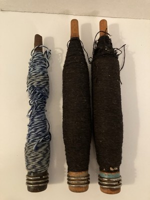  3 Vintage Wood Bobbins Spool Wooden Textile  W/ Thread 9''