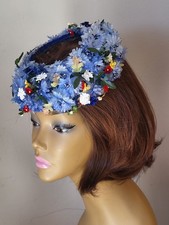 Vtg 50s Fascinator Hat Pillbox Hat Easter Hat Silk Flowers Blue Excellent Cond.