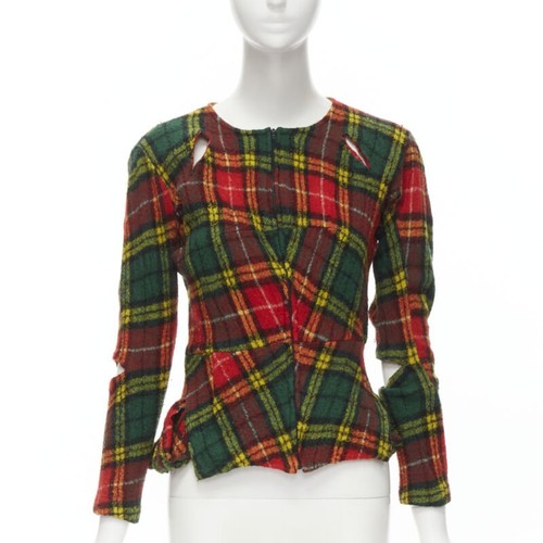 Junya Watanabe, JUNYA WATANABE Vintage 1995 red punk plaid boiled wool cut out jacket S
