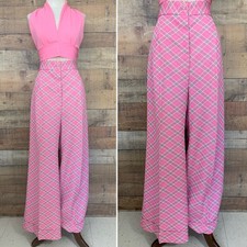 Vintage 1960s Pink Plaid Trouser Polyester Wide Leg Cuffed Pants Sz M/L