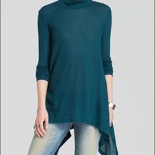 We The Free Oversized Turtleneck Tunic S Teal Asym Hem Boho Cozy Sweater