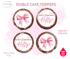 EDIBLE Cupcake Toppers Personalised PINK Bow  LOGO Printed ICING RICE WAFER