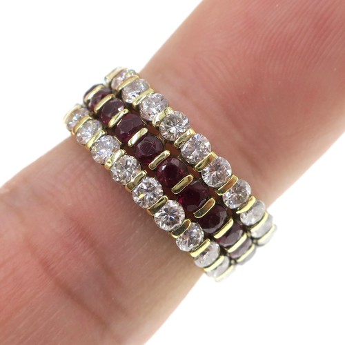 18k Solid Yellow Gold 3.75ct Natural Ruby & Diamond 3-Row Eternity Band Sz 6.25