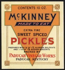 Vintage label McKINNEY Pickles Paducah Vinegar Works Kentucky unused n-mint+