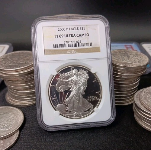 2000 - 1 OZ SILVER PROOF NGC PF69 ULTRA CAMEO U.S. MINT AMERICAN EAGLE BURNISHED