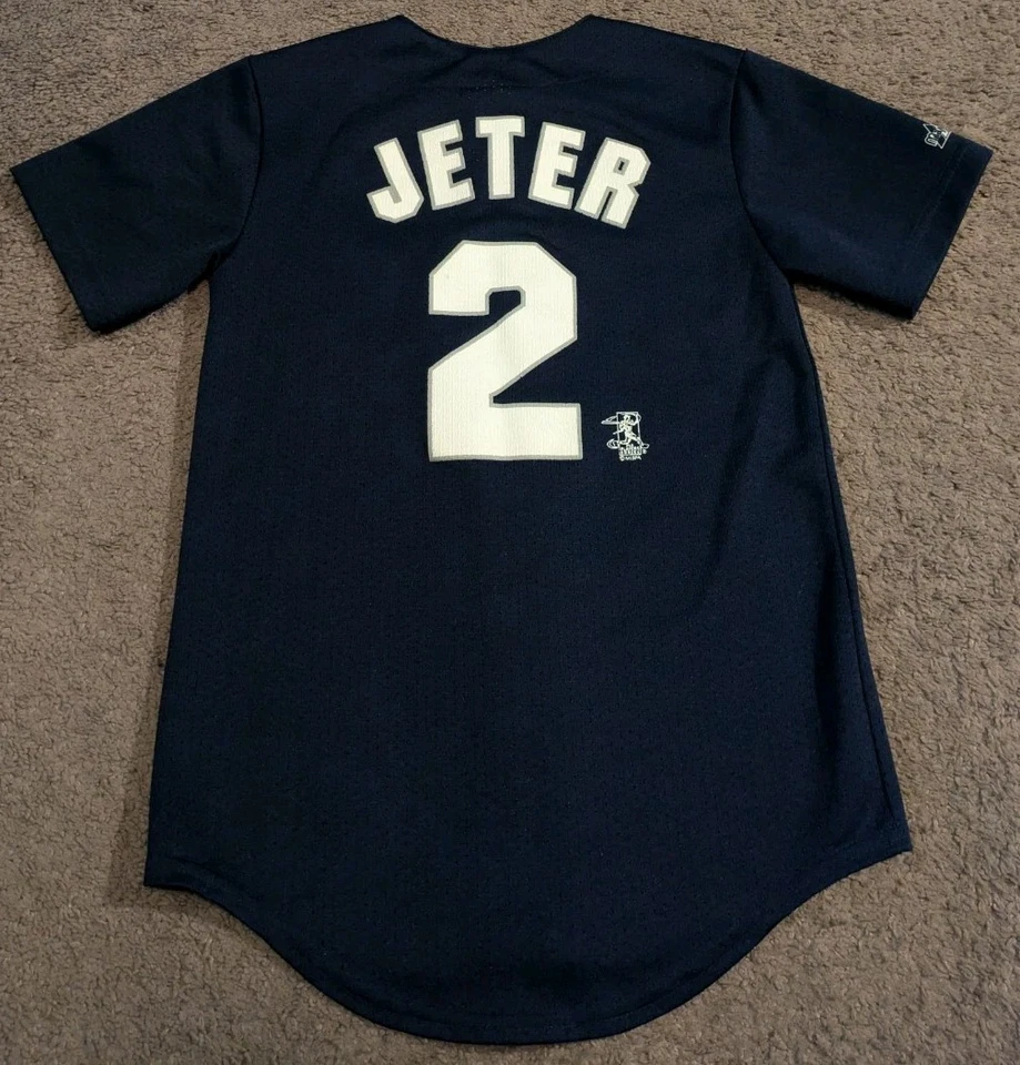 Camiseta Vintage Majestic New York Yankees Derek Jeter Azul Feita nos EUA Juventude M - Imagem 2 de 4