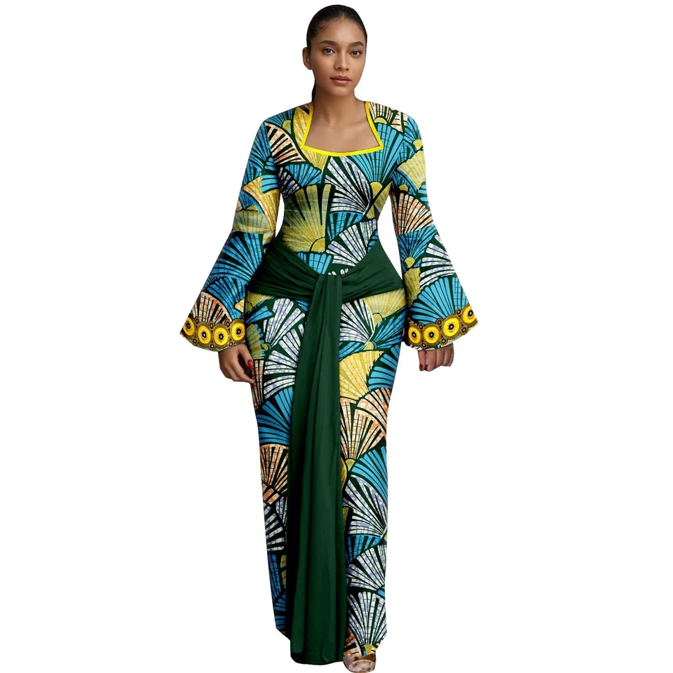 African Dress for Women Wax Print Square Collar Dress with belt 2525004 - Image 4 of 4