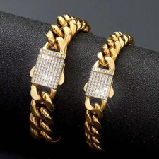 18K Gold Plated Cuban Link Stainless Steel Chain Bracelet Bangle for Men 6-14mm