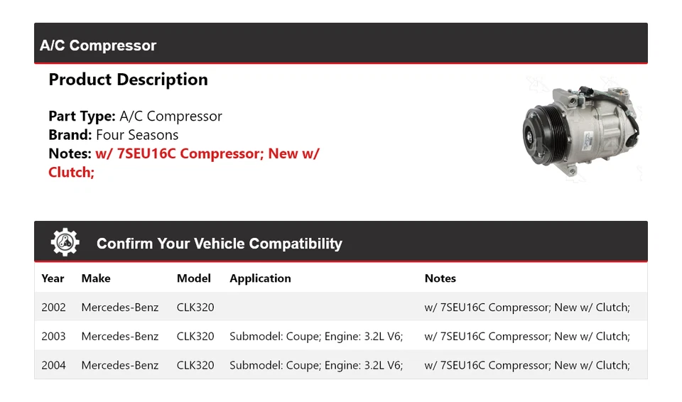 Compresor de aire acondicionado para Mercedes-Benz CLK320 2002-2004 4 estaciones 2003 Foto 2 de 4